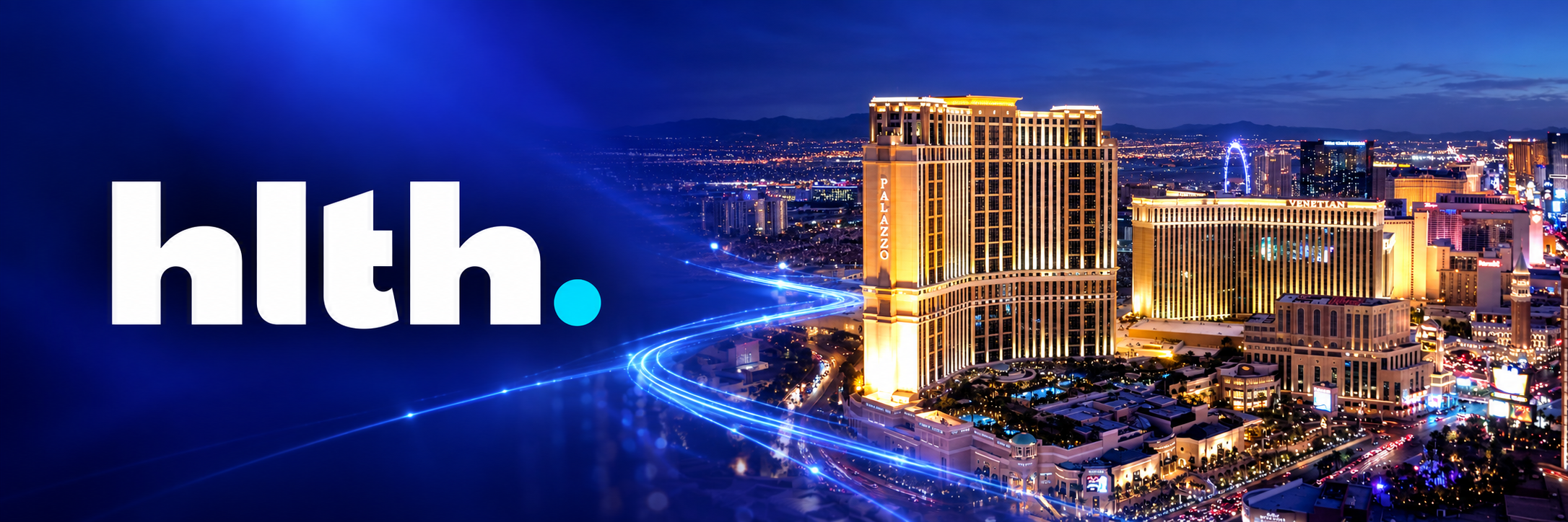 HLTH event banner with Venetian skyline in Las Vegas